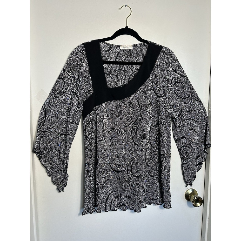 Dressbarn Woman 2X Top Black Silver Glitter Swirl Tunic Bell Sleeve Y2K Sparkle